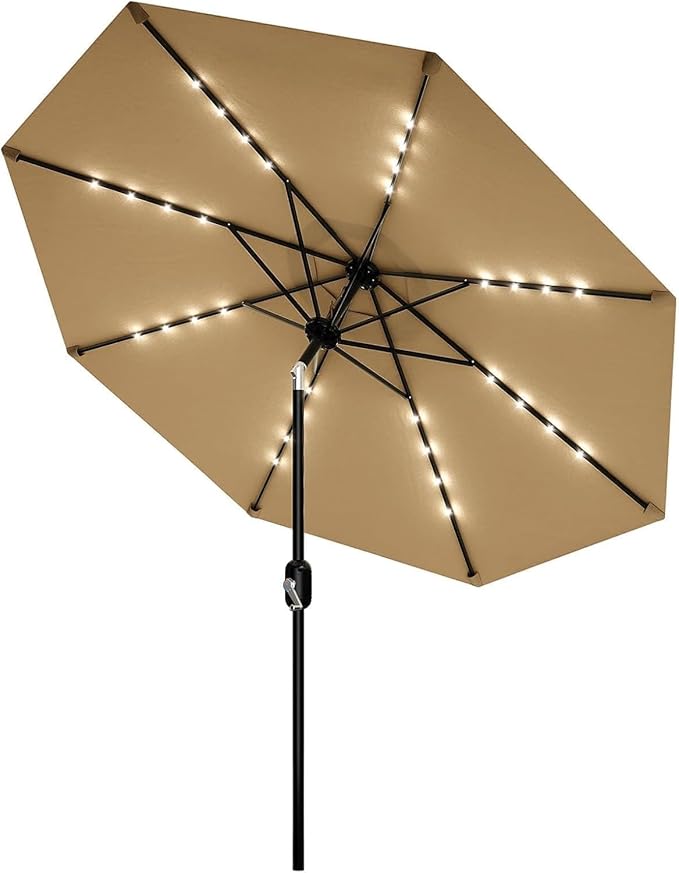 9FT Outdoor Patio Umbrella, 8 Ribs Market Table Umbrella with Solar Light & Tilt & Crank, UV-Resistant Waterproof for Pool, Deck, Backyard, Tan