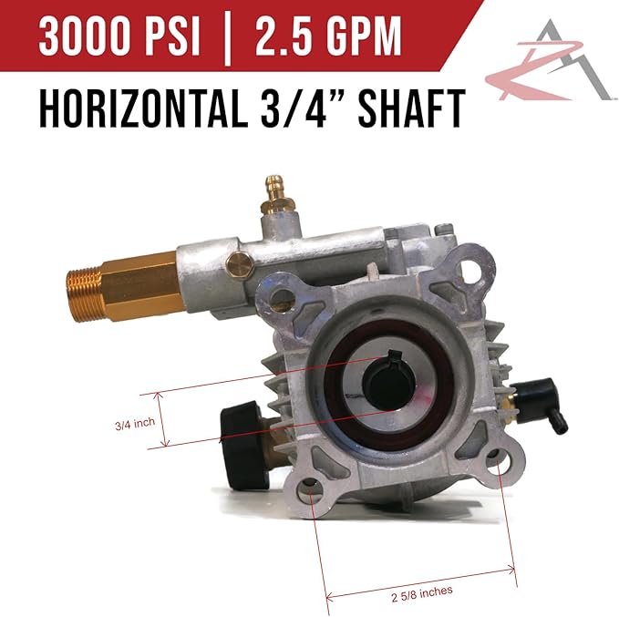 The ROP Shop 3000 PSI Horizontal Brass Head Power Pressure Washer Water Pump, 2.5 GPM, 3/4" Shaft with Keyway, Chemical Hose & Bolts
