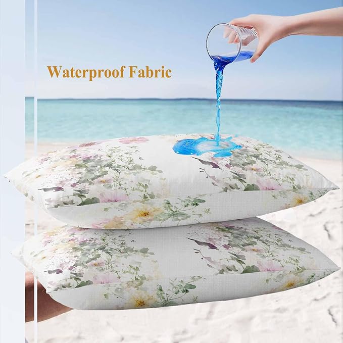 Watercolor Flowers Outdoor Waterproof Throw Pillow Covers Set of 2, 20"x12", Spring Retro Floral Purple Green Yellow Decorative Pillow Covers Outside Cushion Case for Patio Porch Garden