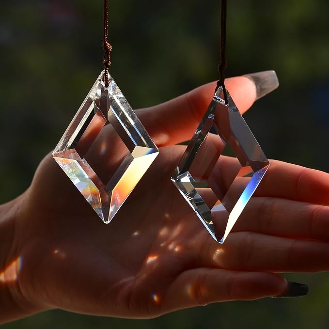 2PCS Rhombus Crystal Suncatcher Prisms for Windows (Rhombus Clear) | Clear, K9 Glass, Rainbow Maker, with Hooks & Cord