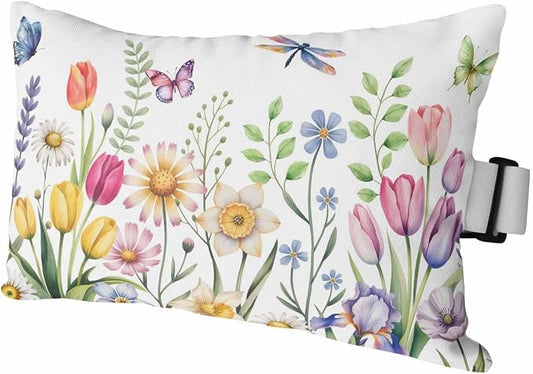 Wildflowers Outdoor Recliner Pillows for Head, Waterproof Chair Pillow with Elastic Stripe, Spring Country Tulip Butterfly Floral Leaf Chaise Lounge Headrest Pillow for Patio/Beach/Pool 1Pack, 11"x16"