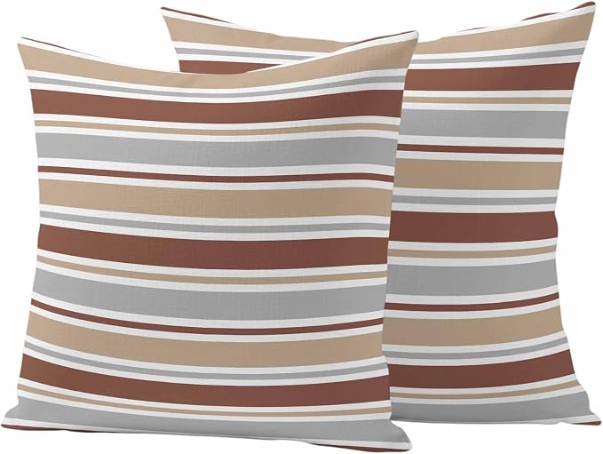 Beige Khaki Striped Outdoor Pillow Cover 16x16 Inch Cushion Sham Case, Farmhouse Stripes Modern Abstract Art Waterproof Decorative Square Throw Pillowcase for Outside Garden Patio Porch Couch Chair