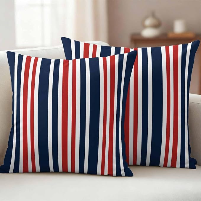 Waterproof Pillow Covers Set of 2,Patriotic Red White Blue Striped Outdoor Pillow Protectors with Zipper Pillowcases for Patio Tent Garden Beach 26x26 Inches Minimalist Geometric