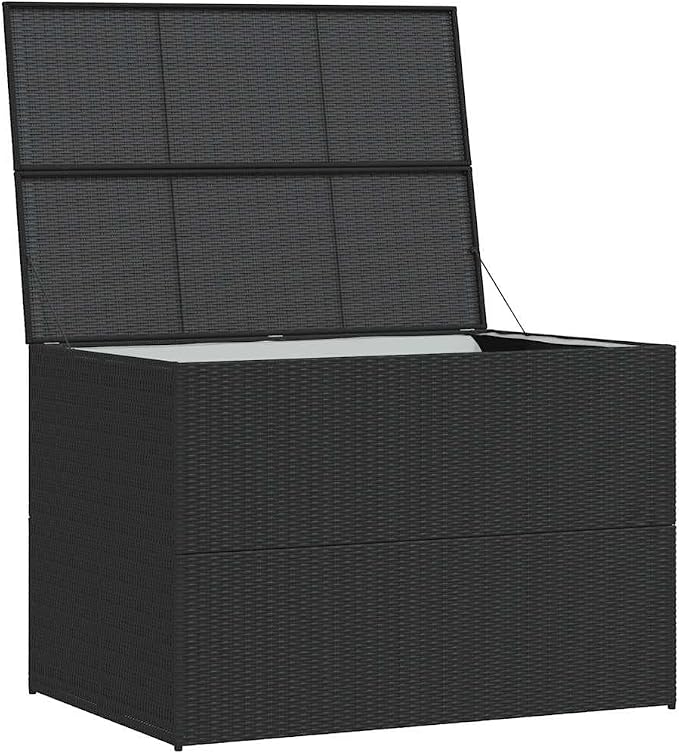Large Outdoor Storage Box, 59 Inch Black PE Rattan Deck Box with Powder-Coated Steel Frame, Rectangular Garden Organizer for Patio Cushions, Tools and Backyard Supplies