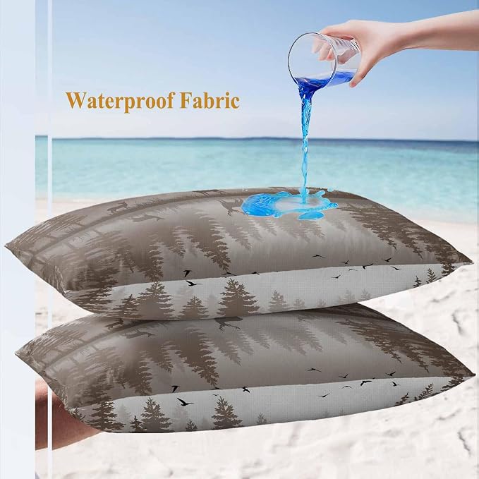 Yukro Brown Nature Landscape Outdoor Waterproof Pillow Covers Pack of 2, Deer Misty Lake Foggy Forest Birds Throw Pillowcases Decorative Cushion Covers for Garden Patio Tent Sofa Couch, 20x12 inch