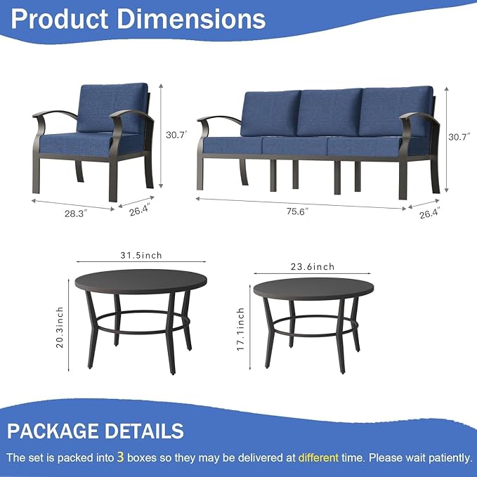 Kullavik Aluminum Patio Furniture Set,4 Piece Modern Metal Outdoor Patio Furniture w/5.1'' Thick Cushion and Round Coffee Table,Patio Conversation Sets for Porch,Deck,NavyBlue