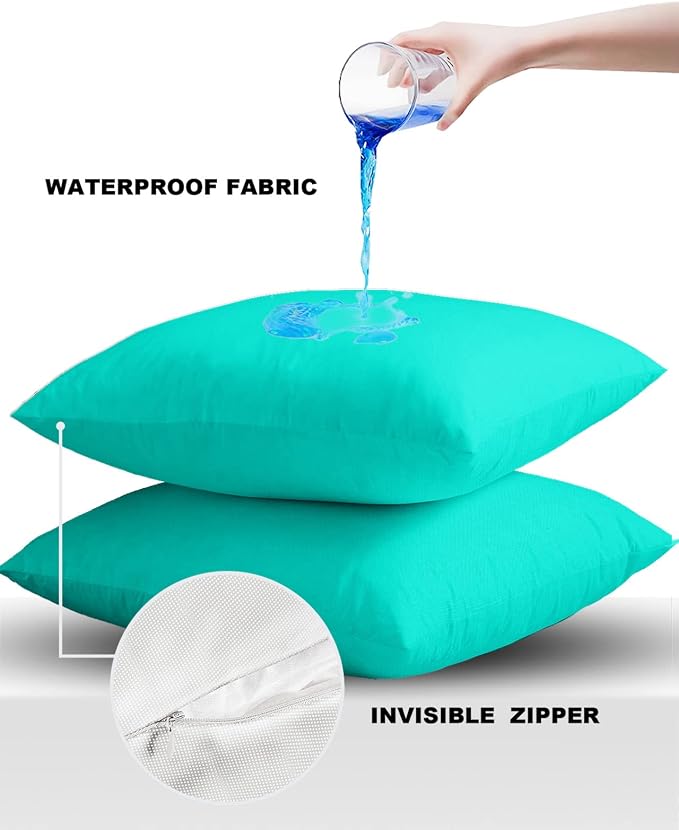 Outdoor Waterproof Throw Pillow Covers Set of 2 Teal Green Pattern Pillowcases 18x18 Inches Pure Colour Patio Decorative Pillows Cushion Case Patio Pillows for Couch Bed Chair Garden
