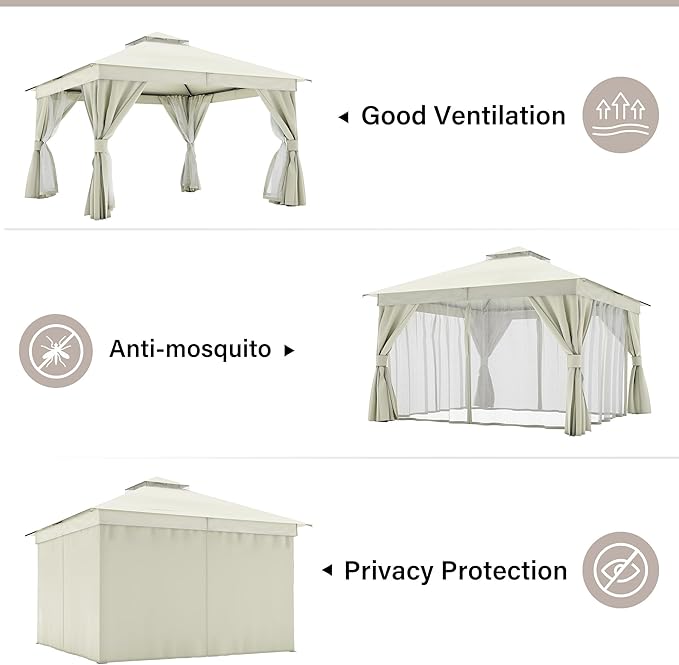 LAUSAINT HOME Patio Gazebo 12'x12', Outdoor Heavy Duty Party Tent Shelter with Double Roofs, Mosquito Nettings and Privacy Screens for Backyard, Garden, Lawn, Cream White