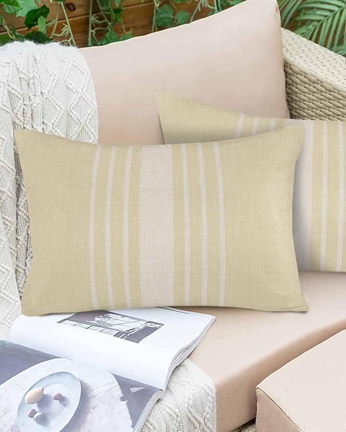 Vandarllin Outdoor Throw Pillows Covers 20x12 inch Set of 2 Waterproof Cream Vertical Stripes Decorative Zippered Cushion Covers for Patio Furniture, Classic Striped Linen Lumbar Pillowcases