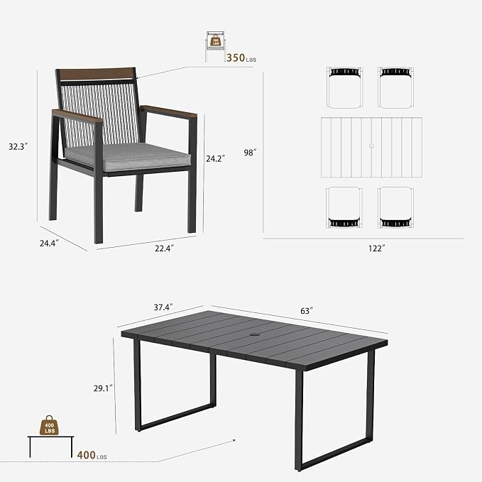 5-Piece Patio Dining Table and Chair Sets, Outdoor Metal Dining Furniture Set with Umbrella Hole, 4pcs Patio Chairs with Cushions for Backyard, Deck