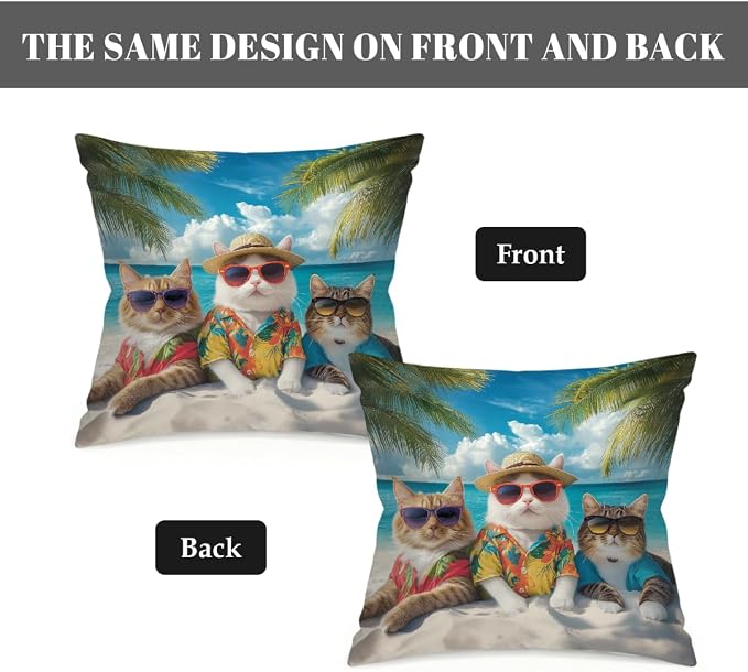 18x18 Inch Outdoor Pillow Covers Set of 2 Waterproof Throw Pillow Covers Decorative Couch Cushion Covers Beach Cats with Sunglasses Square Pillowcases Protectors for Patio Garden Sofa