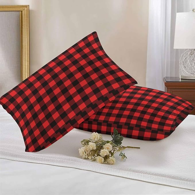 Outdoor Waterproof Throw Pillow Covers Set of 2 Red Buffalo Plaid Lumbar Pillowcases 20x12 Inches Pastoral Black Checked Decorative Pillows Cushion Case Patio Pillows for Couch Bed Chair Garden