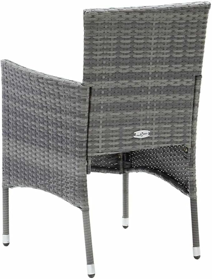 3 Piece Outdoor Dining Set Grey PE Rattan Square Bistro Table and 2 Chairs with Cushions for Patio Balcony Garden Space Saving Furniture Set for 2 People