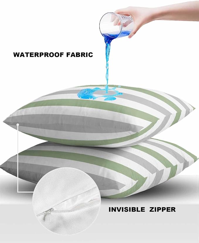 Outdoor Waterproof Throw Pillow Covers 24x24Inch, Spring Stripes Sage Green Cushions for Garden Patio Furniture Chairs Set of 2, Grey Home Decor Couch Sofa Polyester Pillow Cases