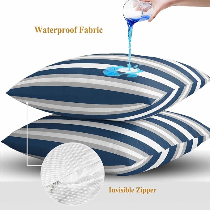 Throw Pillow Covers 26x26 Inch Set of 2, Navy Blue Grey Stripe Waterproof Outdoor Pillow Covers, Minimalist Farmhouse Striped Decorative Cushion Pillowcases for Couch, Sofa, Bed, Garden, Patio