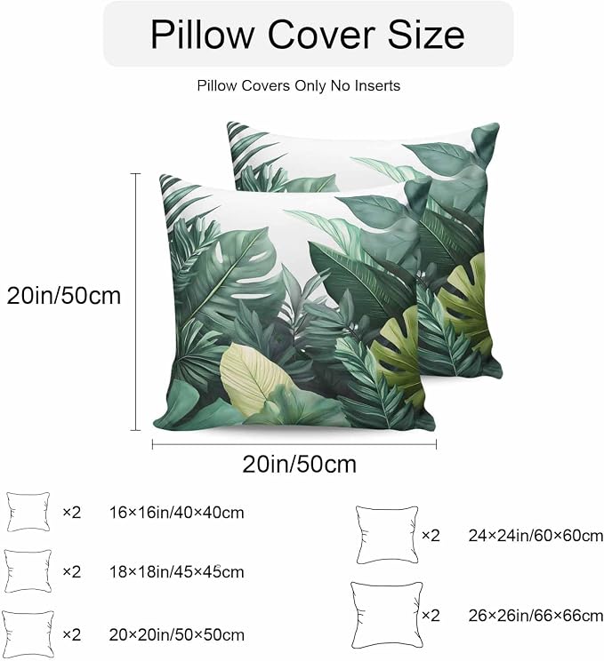 Tropical Leaves Waterproof Outdoor Pillow Covers Set of 2 Home Decor, Watercolor Summer Botanical Leaf Plants Pillowcase Patio Pillow Covers for Couch Bench Furniture Garden 24x24in