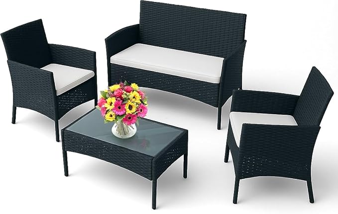 4-Piece Outdoor Patio Furniture Set with 2 Rattan Chairs 1 Loveseat 1 Glass Top Coffee Table Weather-Proof Wicker Cushions Conversation Set for Porch Balcony Lawn
