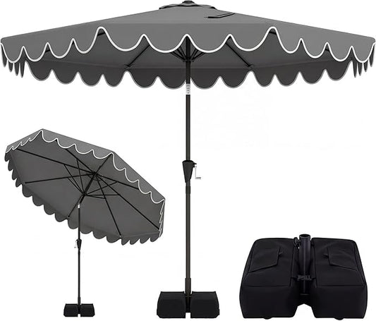 Happygrill 10 FT Patio Umbrella with Weighted Base Included, Outdoor Market Umbrella w/Push Button Tilt & Crank, 8 Heavy-Duty Metal Ribs, Air Vent, Sunshade Canopy for Garden Deck Pool Backyard (Gray)