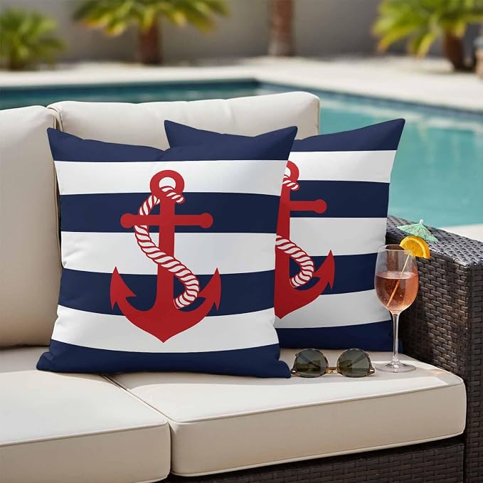Nautical Anchor Outdoor Waterproof Throw Pillow Covers Set of 2, 16"x16", Coastal Navy Blue Stripe Decorative Pillow Covers Outside Cushion Case for Patio Porch Garden