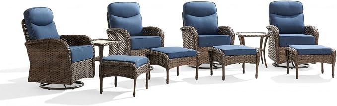 Outdoor Swivel Rocking Chair Patio Set (10pcs) High-Back - Thick Cushion Swivel Rocking Chair Patio Chairs Set, All-Weather Wicker Patio Furniture Set, Suitable for Balcony Patios, Brown/Blue