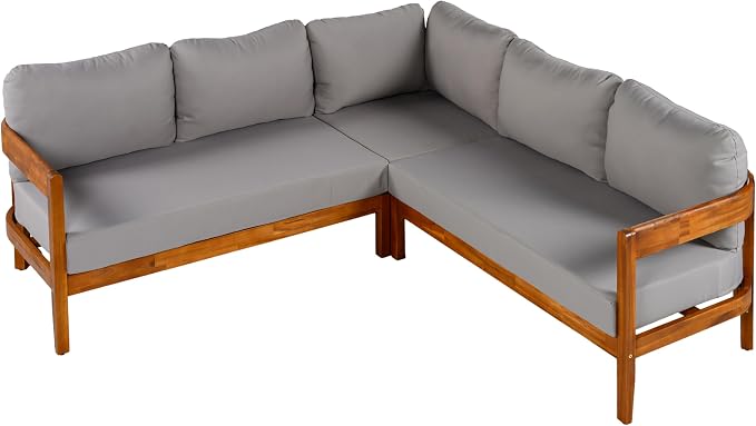 Outdoor Patio Conversation Furniture Set, Acacia Solid Wood Patio Furniture Set with 6 Soft Seat Cushions and Backpack, L-Shaped Outdoor Corner Sofa with Arc Frame for Backyard, Garden (Gray/16)