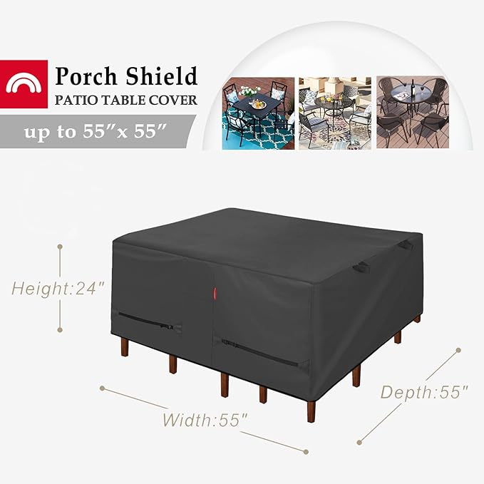 Porch Shield Patio Table Cover - Waterproof Outdoor Dining Table and Chairs Furniture Set Cover Square - 55 x 55 inch, Black
