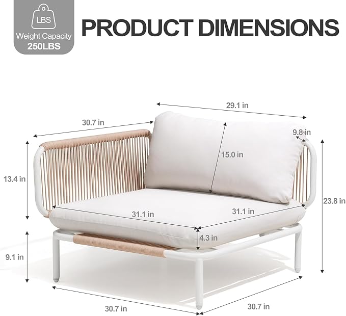 7 Piece Modern Outdoor Sectional Sofa, 31" Oversized Patio Furniture Set with Olefin Woven Rope, Weather-Resistant Metal Frame and Removable Cushion, Beige