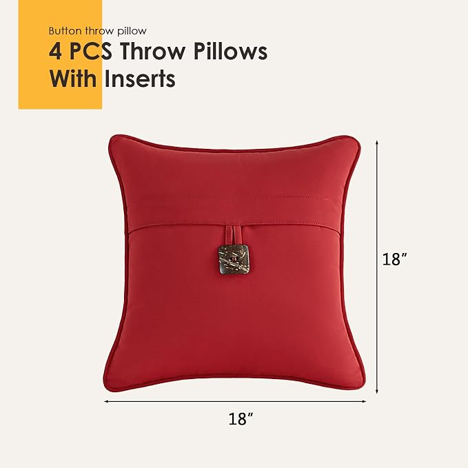 Outdoor Sunbrella Decorative Pillows with Coconut Button Pack of 4, 18" x 18" Outdoor Pillow Set for Couch Bed Throw Patio Sofa, Canvas Jockey Red