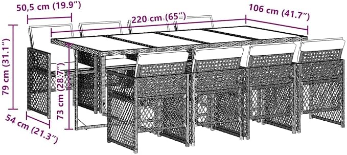9-Piece Garden Dining Set, Black PE Rattan Outdoor Table and 8 Chairs with Cream Cushions, Large Foldable Patio Furniture for Backyard, Terrace and Deck, Seats 8