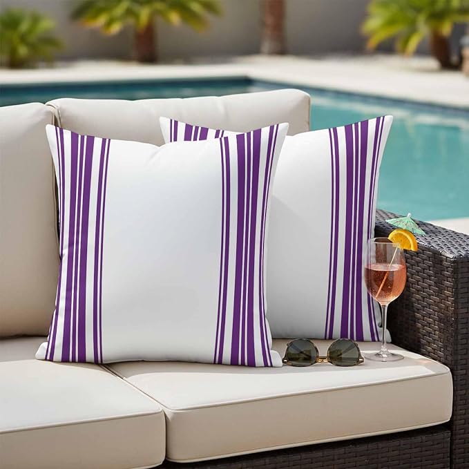 Outdoor Waterproof Throw Pillow Covers Set of 2 Purple Stripes Pillowcases 20x20 Inches White Vertical Striped Decorative Pillows Cushion Case Patio Pillows for Couch Bed Chair Garden