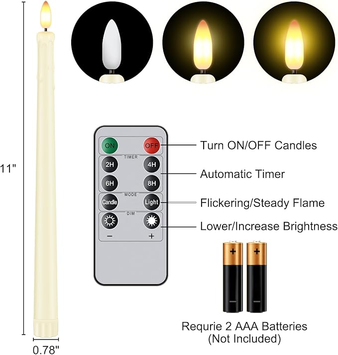 12 Pcs Flickering Flameless LED Taper Candles, 11" Long Fake Taper Candles Battery Operated with Remote Timer, Ivory Plastic Electric Dripping Candlesticks for Wedding Party Holiday