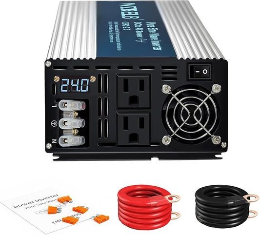 WZRELB 2500W Pure Sine Wave Inverter 24V DC to 110V 120V AC Power Converter with LED Display, Hardwire Terminal,Off-Grid Portable Power Inverter with Dual AC Outlets for Home, RV, Truck, Camping