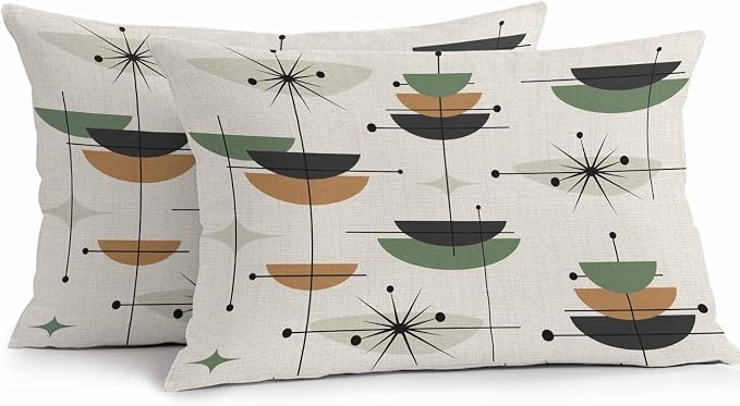 Vandarllin Outdoor Throw Pillows Covers 20x12 inch Set of 2 Waterproof Boho Mid Century Decorative Zippered Cushion Covers for Patio Furniture, Green Orange Geometric Abstract Lumbar Pillowcases