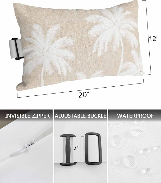 Pack of 2 Outdoor Lumbar Pillow Covers 12x20 Inch, Beige Palm Trees Waterproof Throw Pillow Covers Set, Farmhouse Tropical Summer Beach Indoor&Outdoor Decorative Cushion Cases for Patio Porch Car