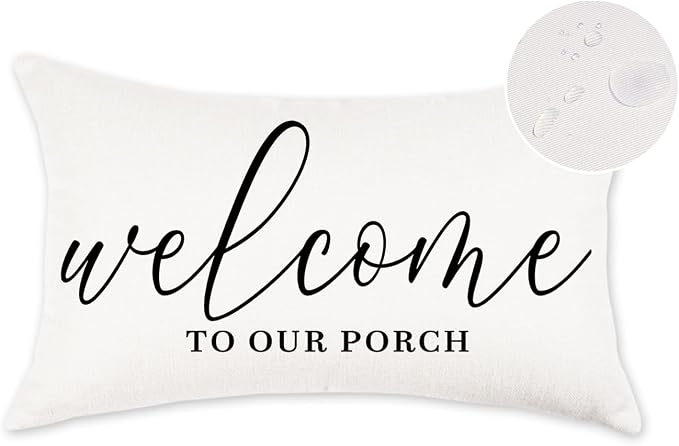 ONWAY White Outdoor Welcome Throw Pillow Covers 12x20 Inch Waterproof Black and White Decorative Cushion Cover for Patio Furniture Garden Spring Summer Decor