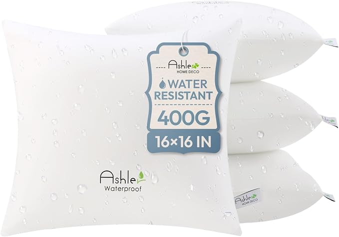 Ashler Outdoor Waterproof Pillow Inserts - 16 x 16 Pillow Inserts Set of 4, Water Resistant Hypoallergenic Pillows Decorative for Garden, Square Lumbar Pillow for Sofa Couch