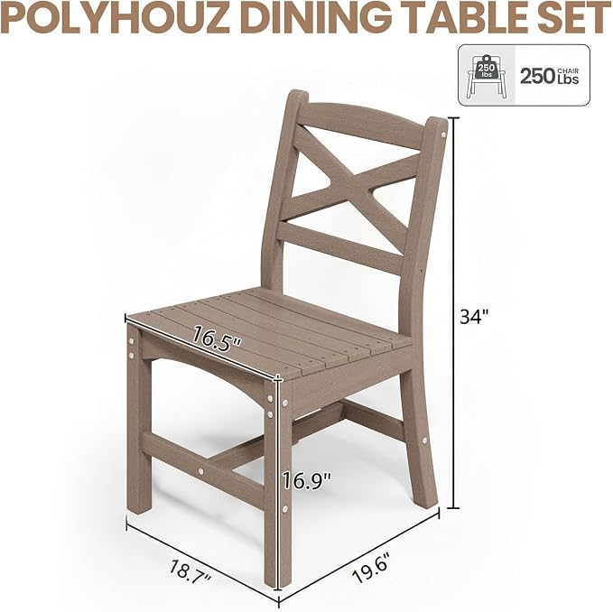Outdoor Armless Dining Chairs Set of 4,HDPE Patio Chairs with Wide Seat,All-Weather HDPE Patio Armless Chairs for Porch, Backyard, Deck, White Brown, Table not Included