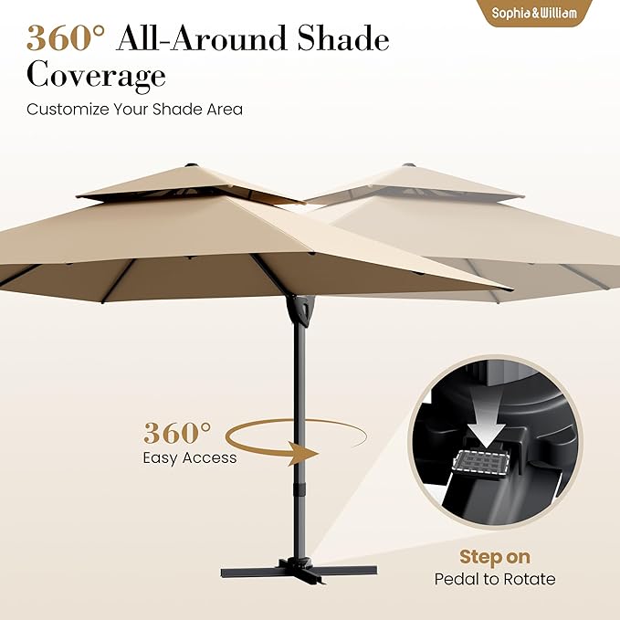 Sophia & William Cantilever Patio Umbrella 12ft, Offset Large Outdoor Umbrellas with 360°Rotation, Heavy Duty Hydraulic Double Umbrella for Garden Pool Backyard, Beige (no base)