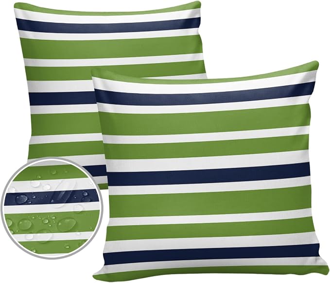 Outdoor Waterproof Throw Pillow Covers Set of 2 Navy Blue Green Stripes Decorative Outdoor Pillows Cushion Case 16x16 Inch Classic Striped Patio Pillows for Couch Sofa Bed Garden Office Home Decor