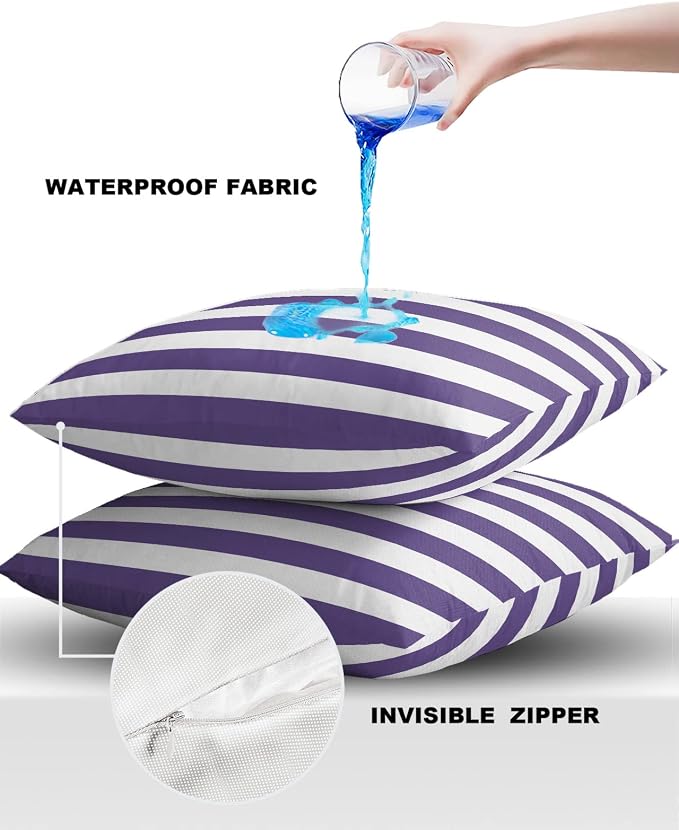 Outdoor Waterproof Pillow Covers for Patio Furniture Purple and White Stripes Decorative Throw Pillow Cover Solid Striped Pillowcases Set of 2 Cushion Case for Sofa Couch Chair 26 x 26 in