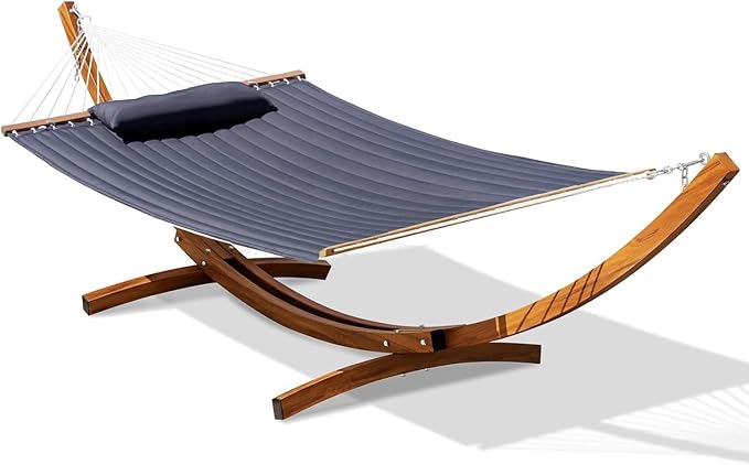 Lazy Daze Hammocks 12 FT 2 Person Double Quilted Hammock with Curved Steel Heavy Duty Stand and Pillow for Outside, Backyard, Patio, 450 Lbs Capacity, Dark Grey