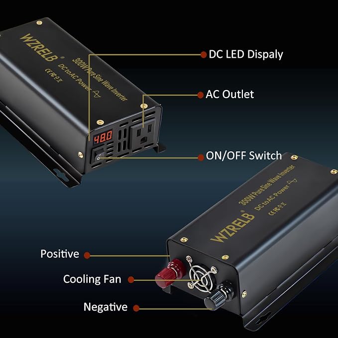 WZRELB 300W Pure Sine Wave Inverter 600W Peak DC 24V to 110V AC Power Converter Off Grid LED Display with Remote Controller