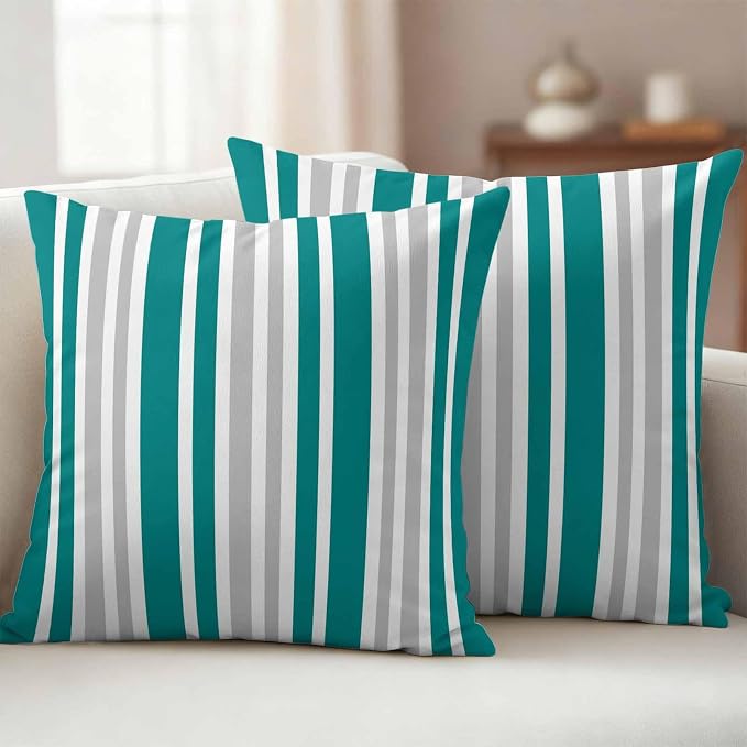 Teal Grey Stripe Outdoor Pillow Covers 18x18 Inch Throw Pillow Covers Set of 2 Waterproof Decorative Pillow Cases Farmhouse Minimalist Striped Cushion Covers for Patio Furniture Garden Couch Sofa