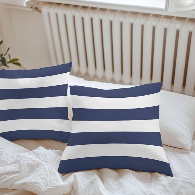 Outdoor Waterproof Throw Pillow Covers Set of 2 Navy Blue Stripe Pillowcases 24x24 Inches Simple Style Striped Decorative Pillows Cushion Case Patio Pillows for Couch Bed Chair Garden