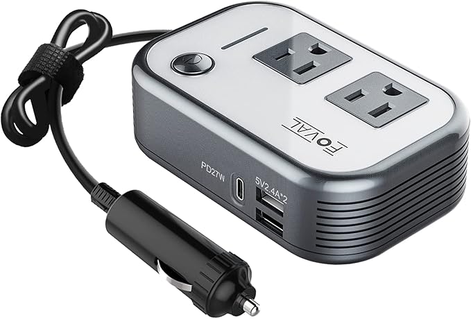 FOVAL 200W Car Power Inverter, DC 12V to 110V AC Car Laptop Charger Fast Charger Converter with [27W PD USB-C] & Dual USB Ports Multi-Protection Car Outlet Adapter Power Inverter for Vehicles