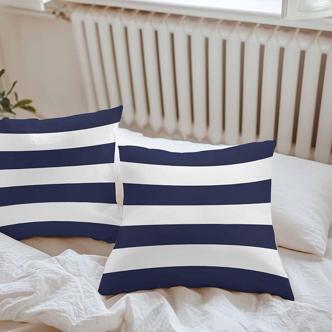 Outdoor Waterproof Throw Pillow Covers Set of 2 Navy Blue Stripe Pillowcases 20x20 Inches Simple Style White Striped Decorative Pillows Cushion Case Patio Pillows for Couch Bed Chair Garden