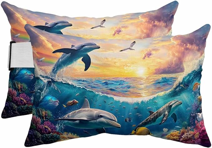 Pack of 2 Outdoor Lumbar Cushions with Inserts, Summer Ocean Dolphin Fish Animal Photography Waterproof Fluffy Fade Body Pillows, Patio Furniture Pillow for Home Balcony Garden Decor 12x20IN