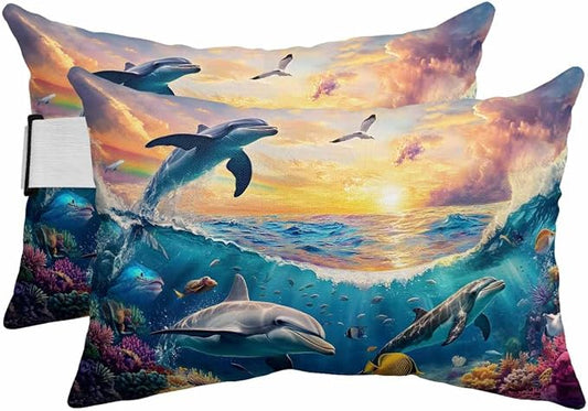 Pack of 2 Outdoor Lumbar Cushions with Inserts, Summer Ocean Dolphin Fish Animal Photography Waterproof Fluffy Fade Body Pillows, Patio Furniture Pillow for Home Balcony Garden Decor 12x20IN