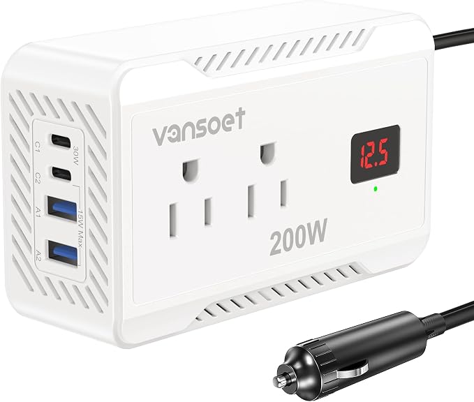 200W Car Power Inverter DC 12V to 110V AC Converter with [PD 30W & 15W] Fast Charging USB C/3.0A Dual USB Charging Ports, Car Outlet Adapter for Phone, Laptop on Road Trip (White)