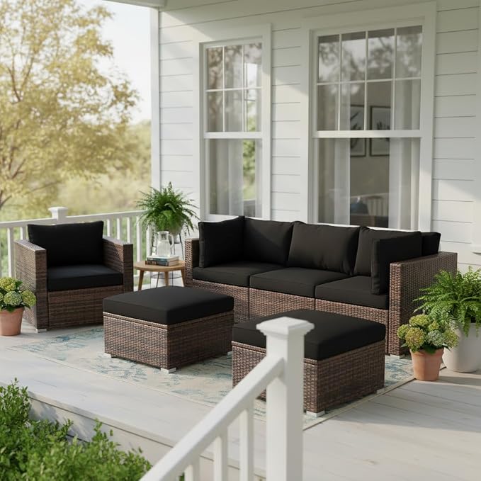 Tangkula 6 Pieces Wicker Patio Furniture Set, PE Rattan Outdoor Sectional Conversation Set with Glass Coffee Table & Ottoman, Wicker Sofa Set with Cushions for Yard Garden, Deck, Porch (Black)
